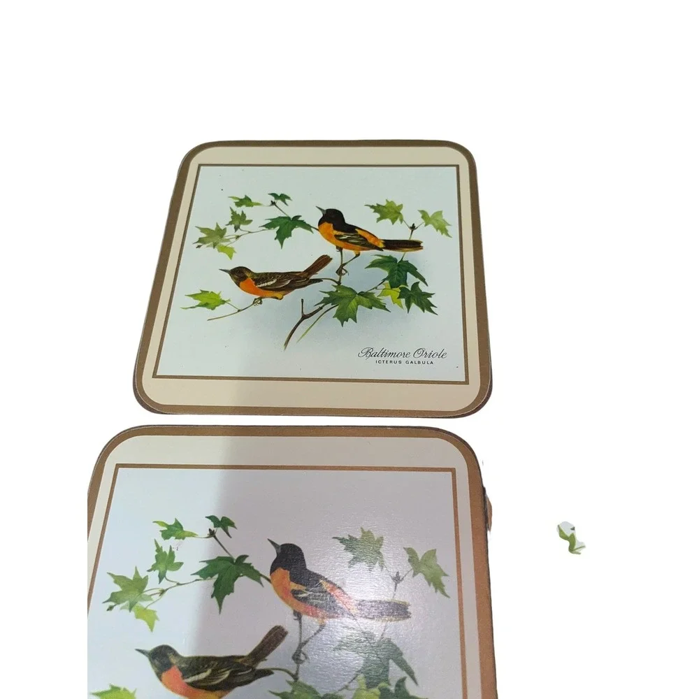 Set Of 6 Vintage English Life Cork Back Coasters Song Birds Satin‎ Finish W/ Box